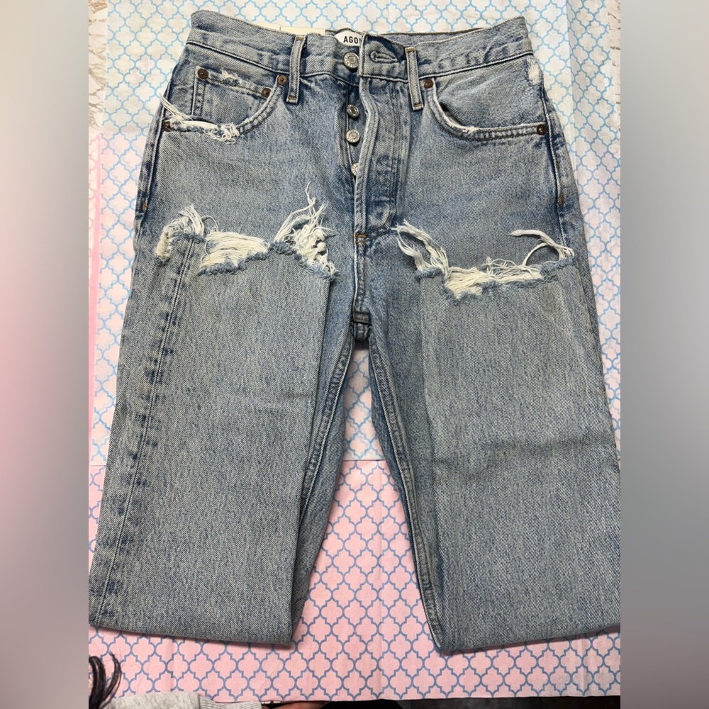 Agolde Light Blue Distressed Cropped Jeans